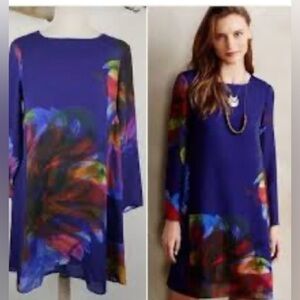 ANTHROPOLOGIE Leifsdottir XS 100% Silk Purple Abstract Swing Babydoll MIDI Lined